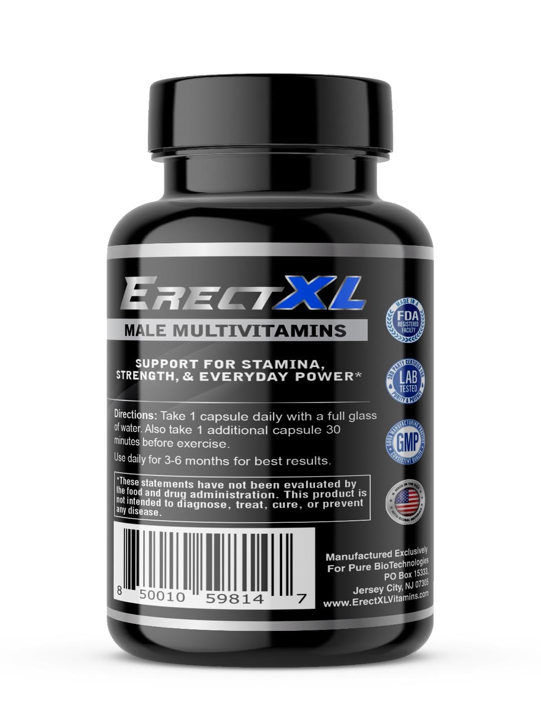 ErectXL Multivitamins bottle side label highlighting key nutrients for immune health and stamina