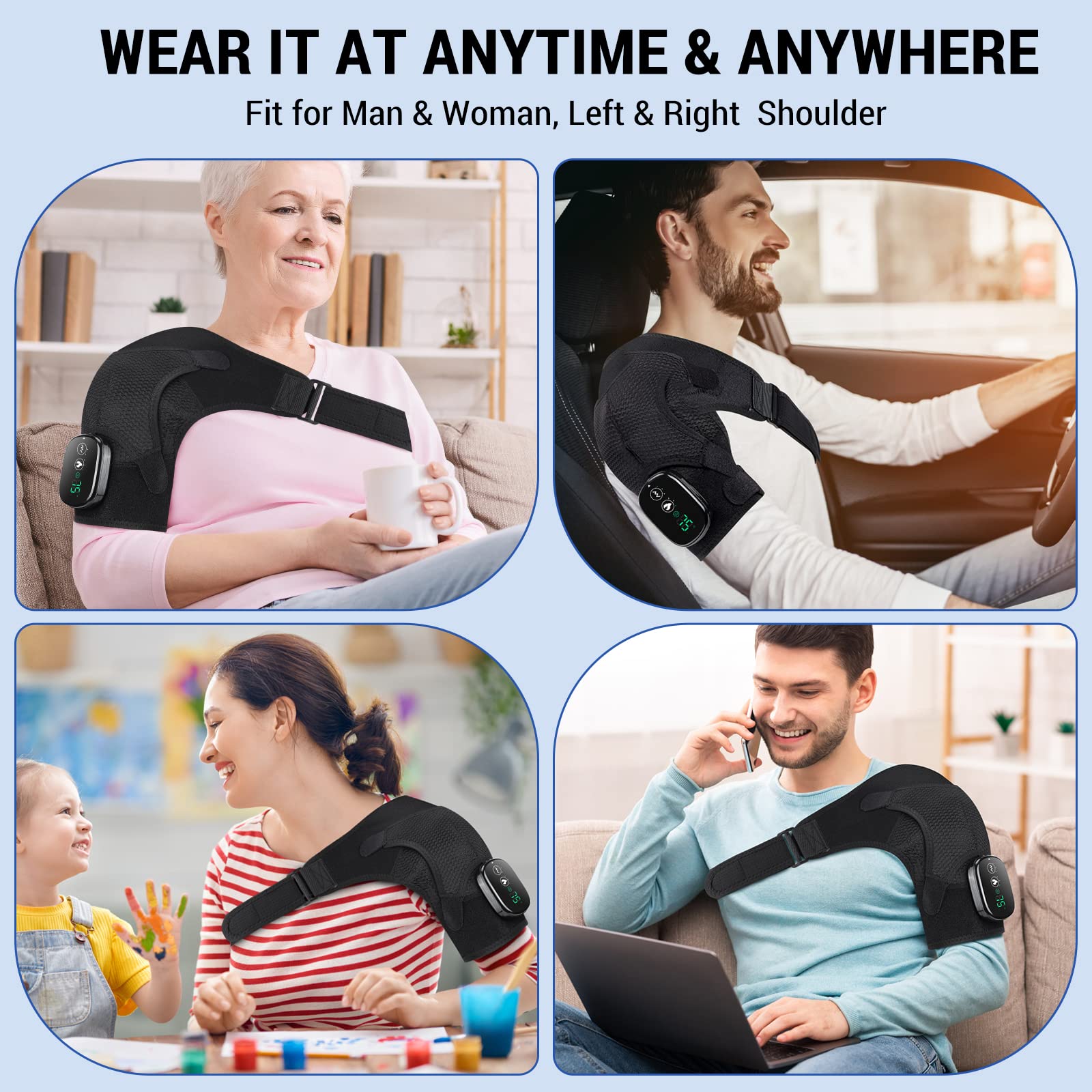 ERHIVORA shoulder wrap in use for on-the-go relief during daily tasks