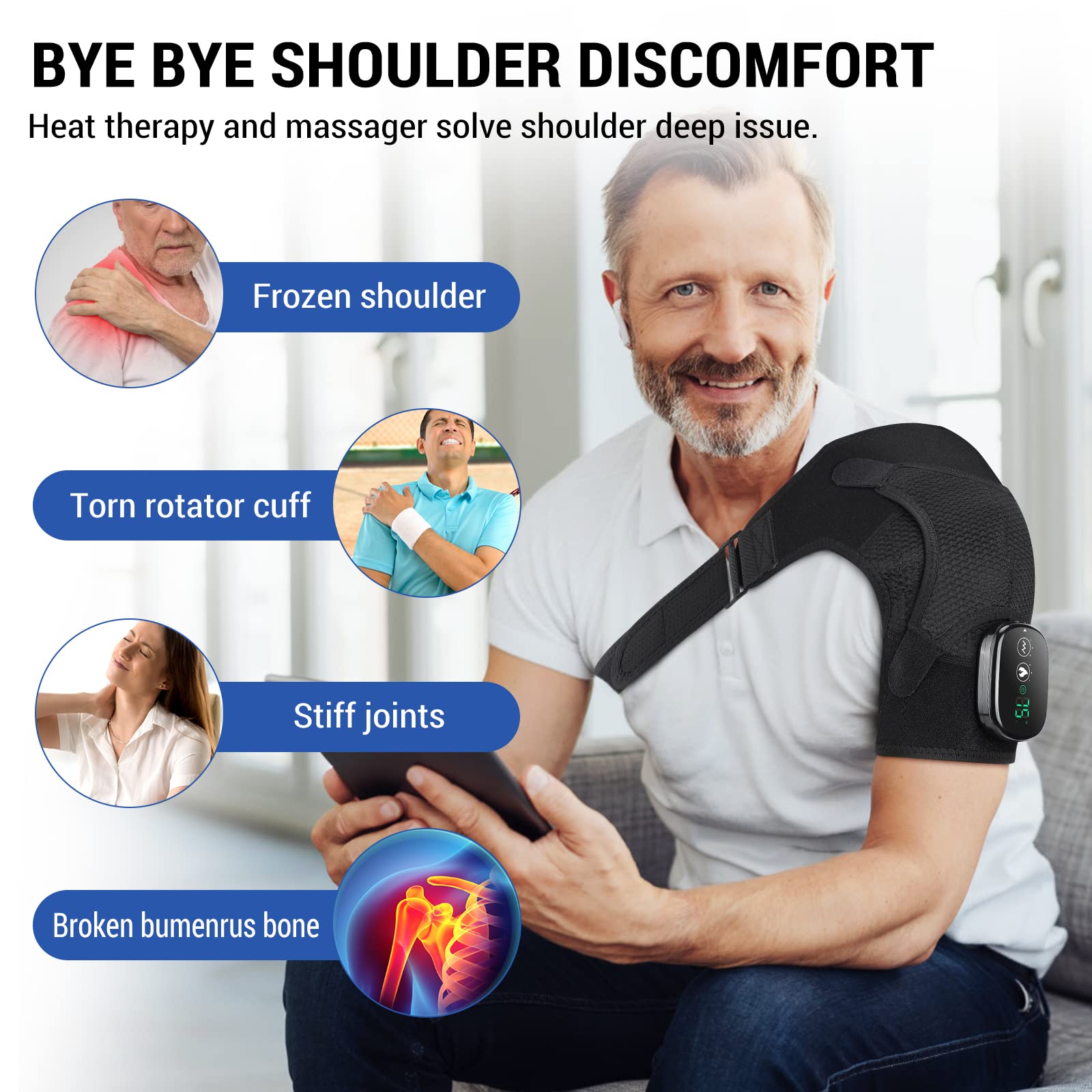 ERHIVORA shoulder wrap side view highlighting massage function and heat levels