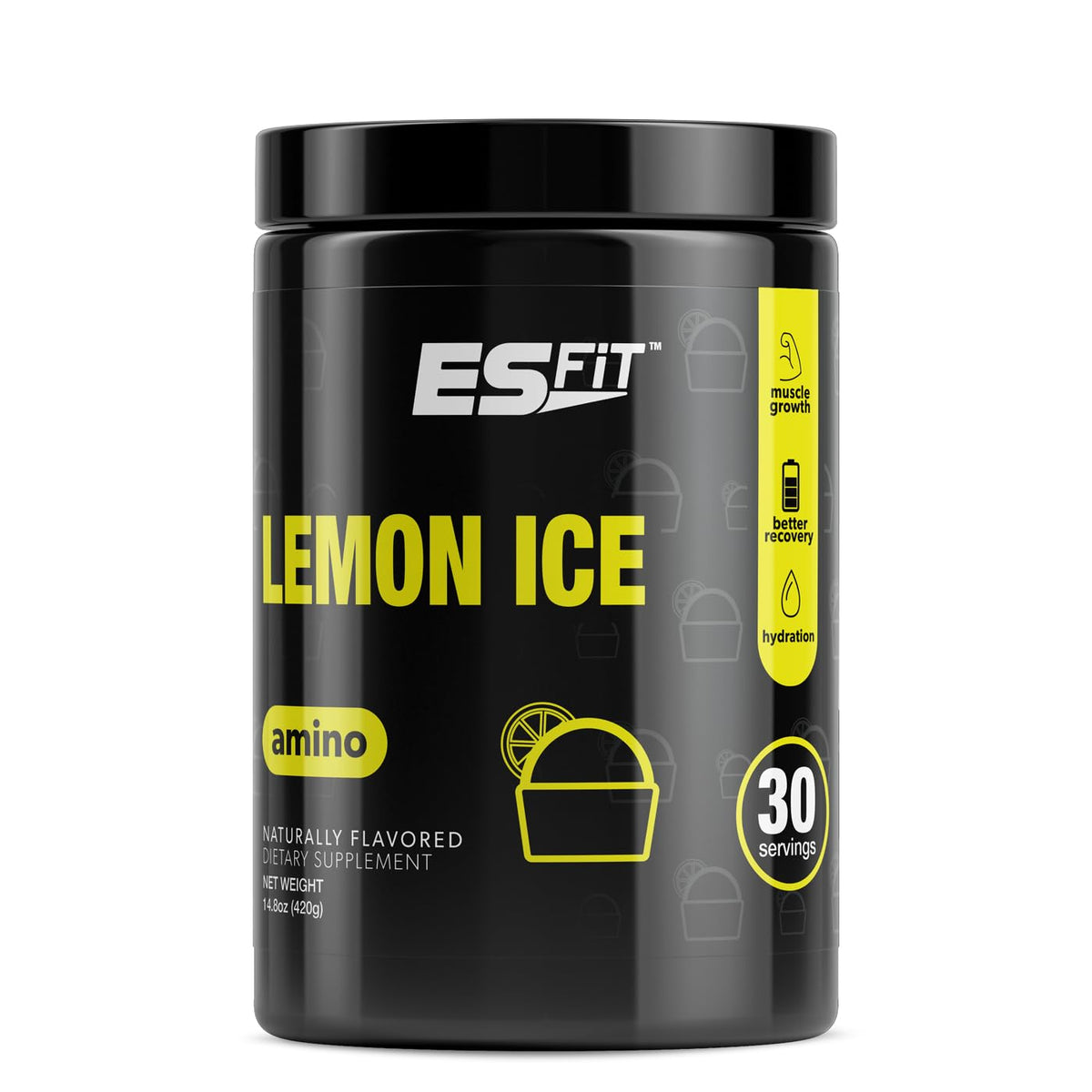 ES FIT Amino Powder lemon ice bottle shown for refreshing pre or post workout support.