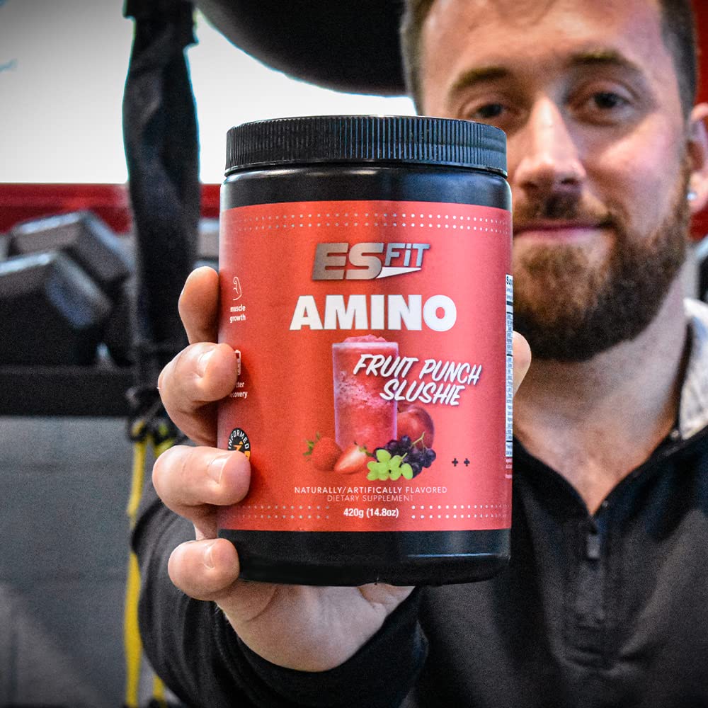 Fruit Punch Slushie ES FIT Amino Powder in a glass, refreshing flavor.