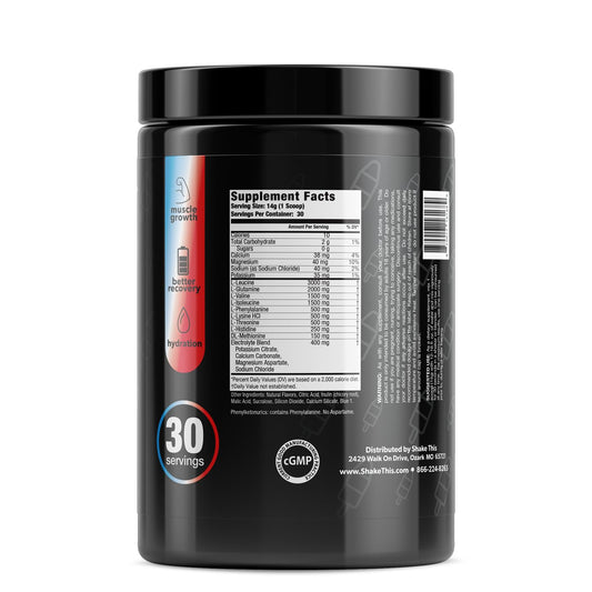 ES FIT Amino Powder tub label highlights 2:1:1 BCAA ratio for muscle growth