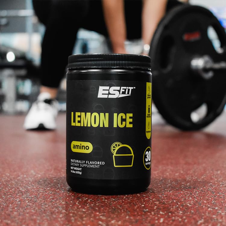 ES FIT Amino Powder on workout bench suggests convenient pre or post workout support.