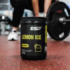 ES FIT Amino Powder on workout bench suggests convenient pre or post workout support.