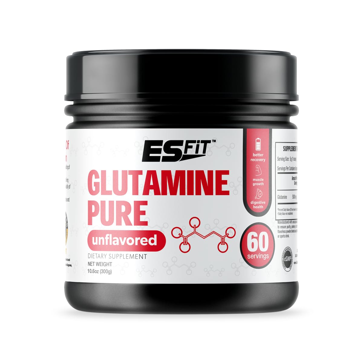 ES FIT Glutamine powder bottle for post-workout recovery and clean fueling
