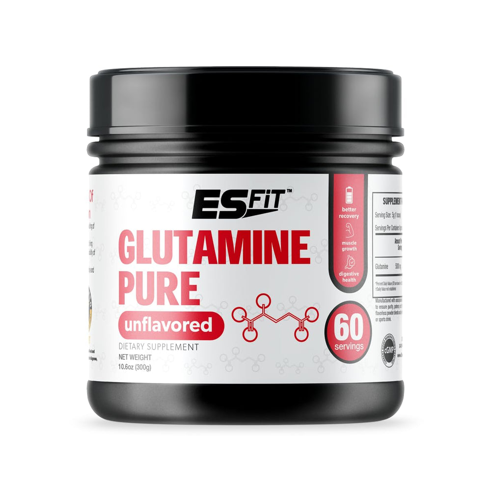 ES FIT Glutamine powder bottle for post-workout recovery and clean fueling