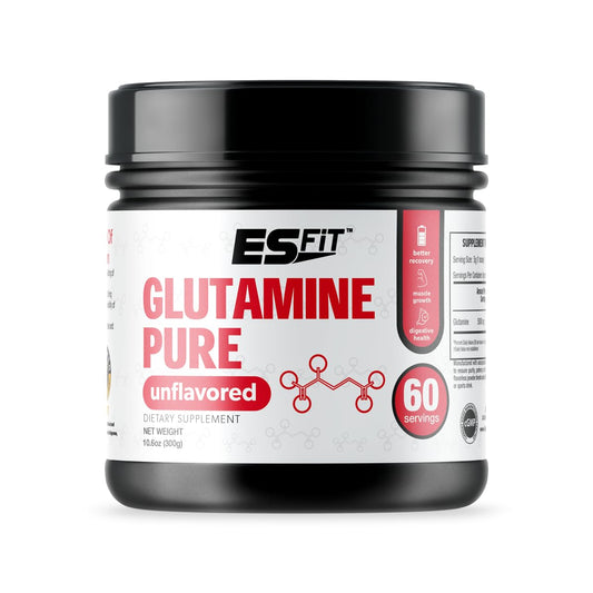 ES FIT Glutamine powder bottle for post-workout recovery and clean fueling