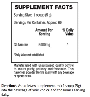 ES FIT Glutamine powder label close-up highlights 5000mg per serving