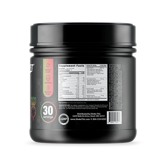 Pouring ES FIT Super Greens into a glass for a quick energy boost.