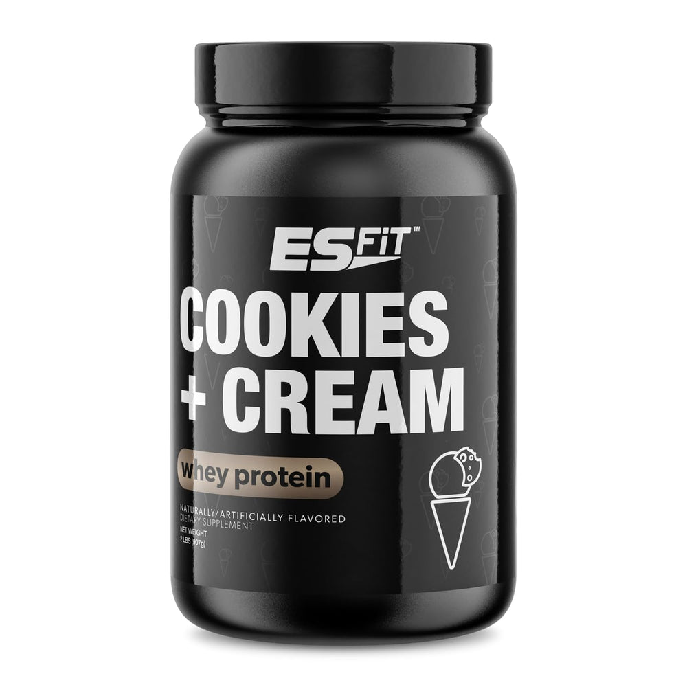 ES FIT Whey Protein Powder tub cookies and cream for post-workout recovery and muscle nourishment.