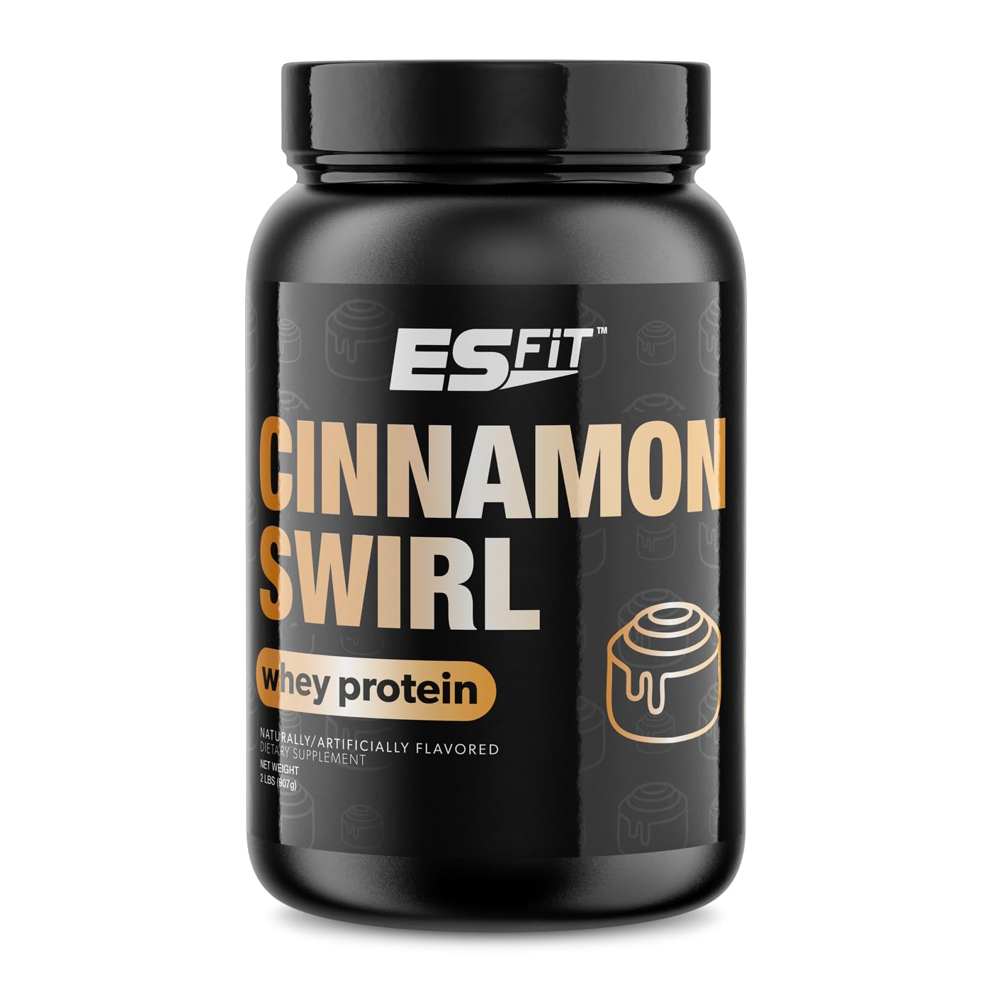 ES FIT Whey Protein Cinnamon Swirl bottle pouring, supports post-workout recovery with fast amino delivery.