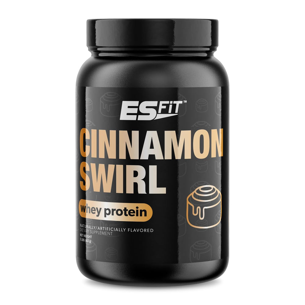 ES FIT Whey Protein Cinnamon Swirl bottle pouring, supports post-workout recovery with fast amino delivery.