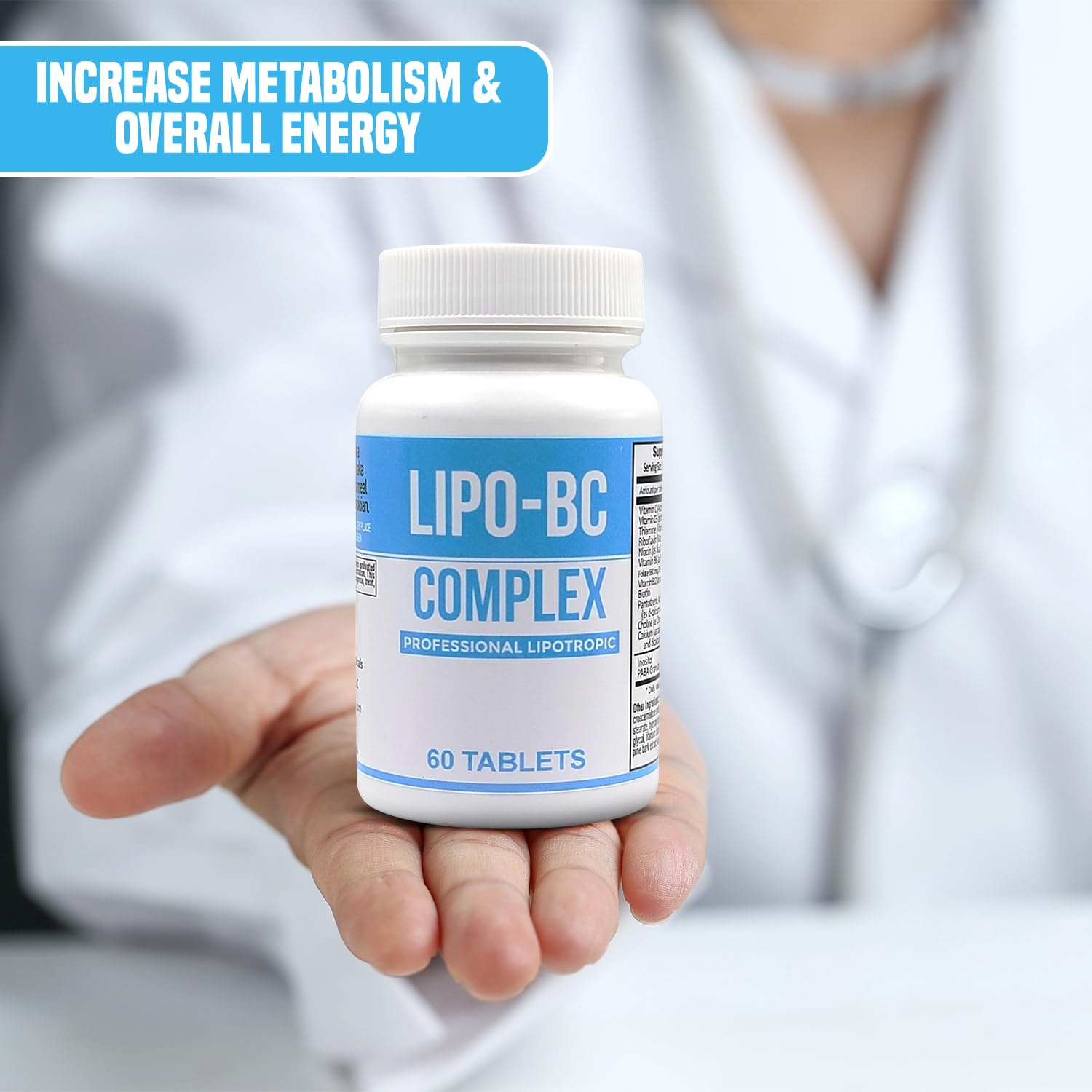 Legere Lipo-BC bottle on desk during workout preparation for energy