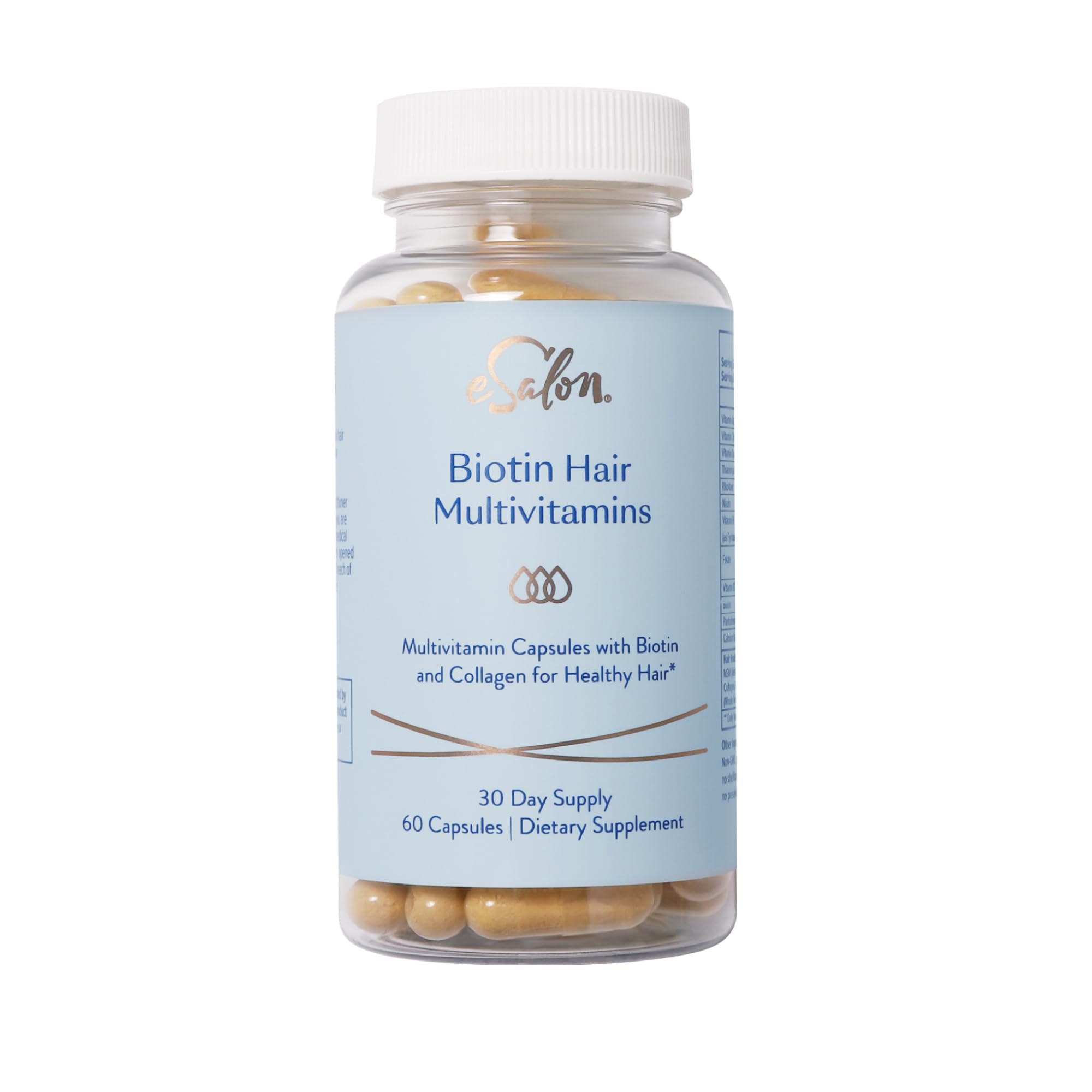 Esalon biotin hair multivitamins bottle close-up, allergen-free formula for daily hair care.