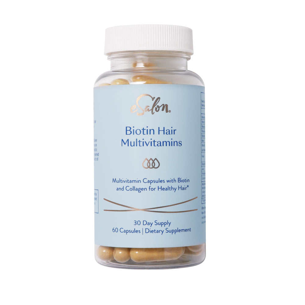 Esalon biotin hair multivitamins bottle close-up, allergen-free formula for daily hair care.