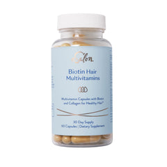 Esalon biotin hair multivitamins bottle close-up, allergen-free formula for daily hair care.