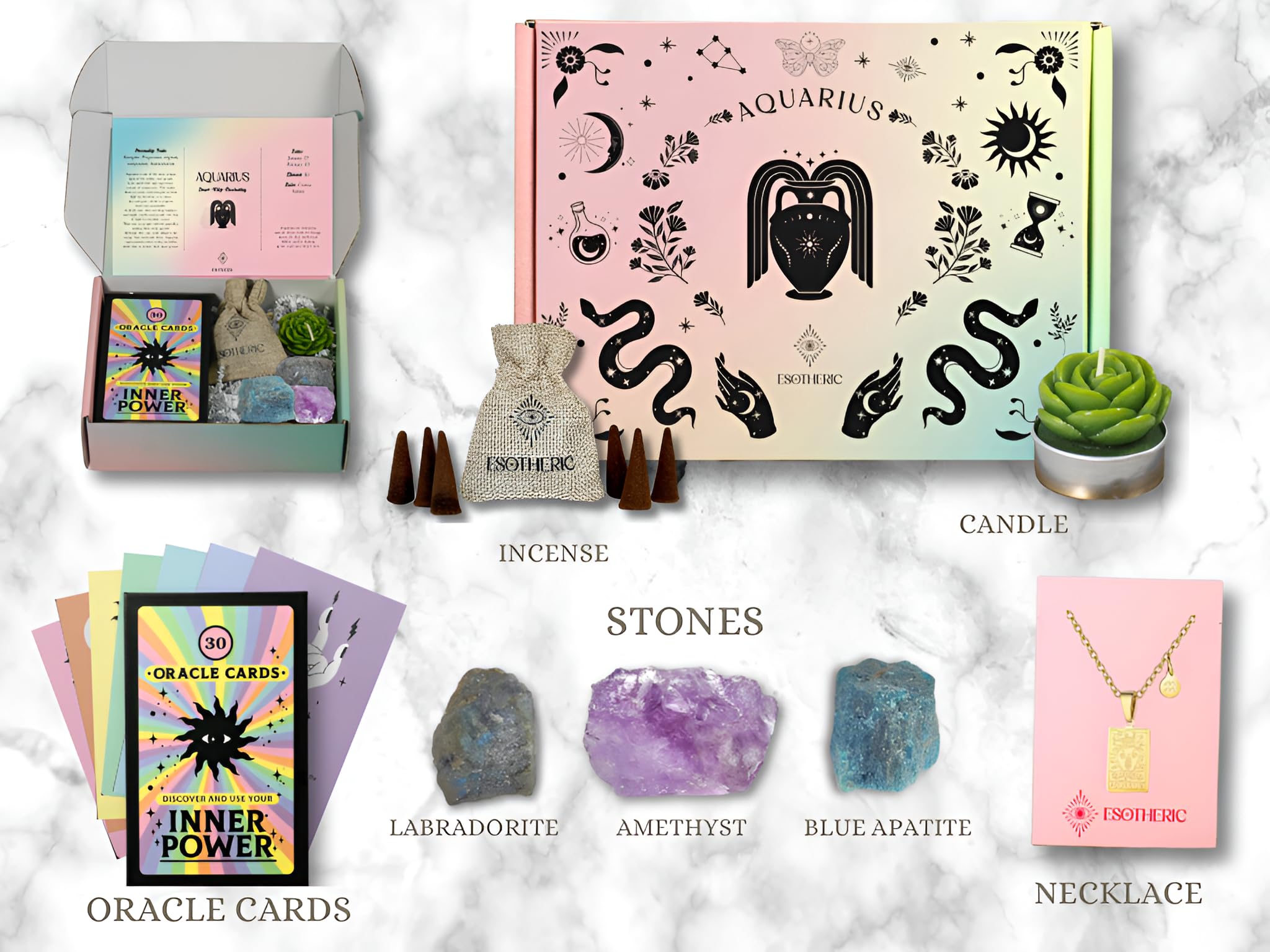 ESOTHERIC Aquarius gift box interior shows crystals and oracle deck ready for daily guidance.