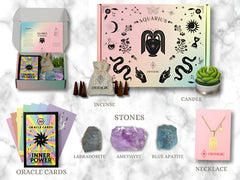 ESOTHERIC Aquarius gift box interior shows crystals and oracle deck ready for daily guidance.