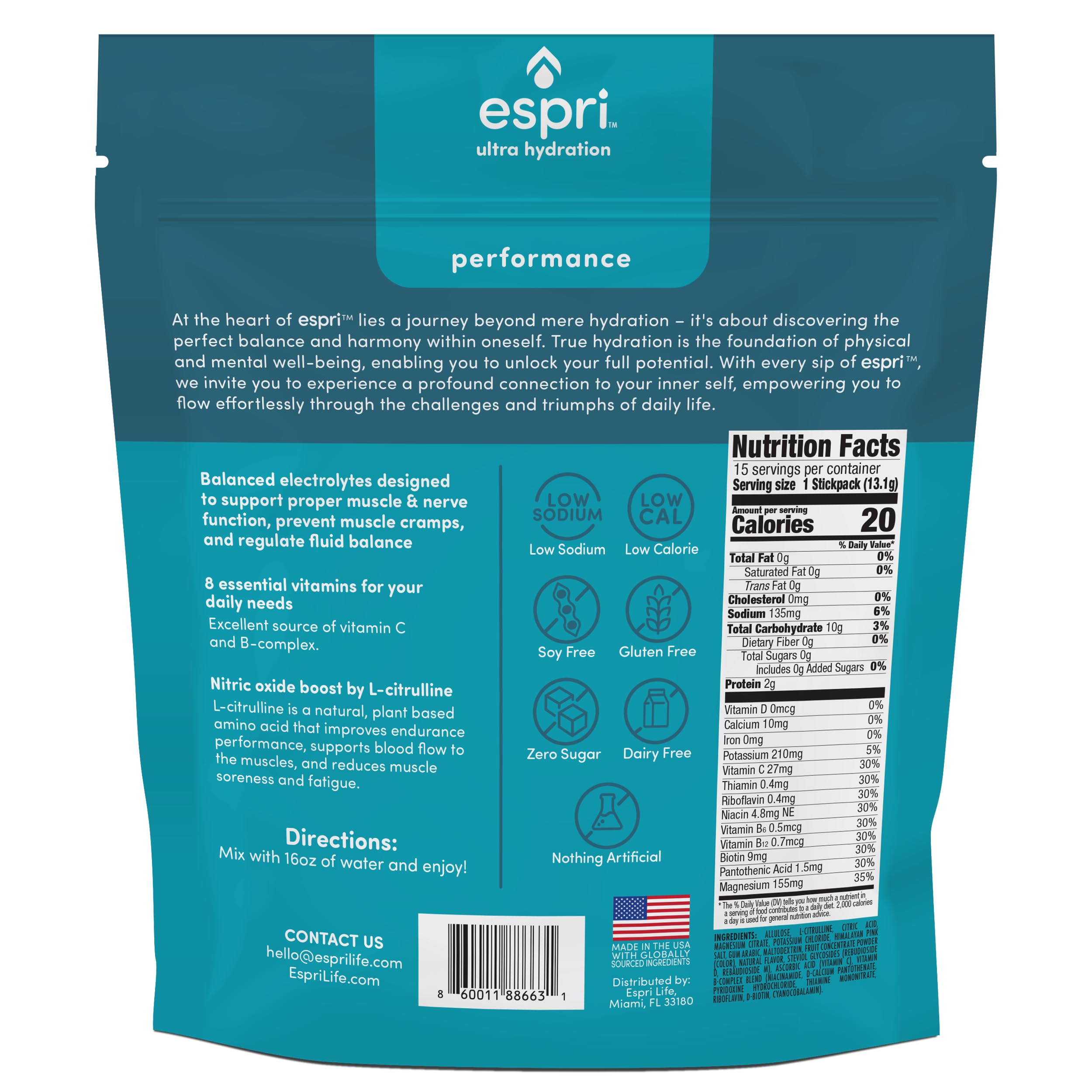 ESPRI watermelon electrolyte packet label showing ingredients and benefits for recovery