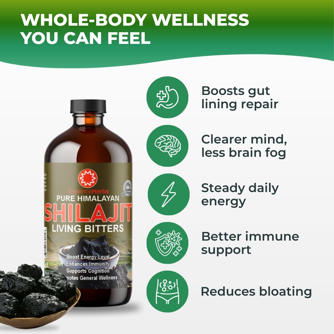 Essence Herbs Shilajit Bitters with tea cup; convenient daily ritual