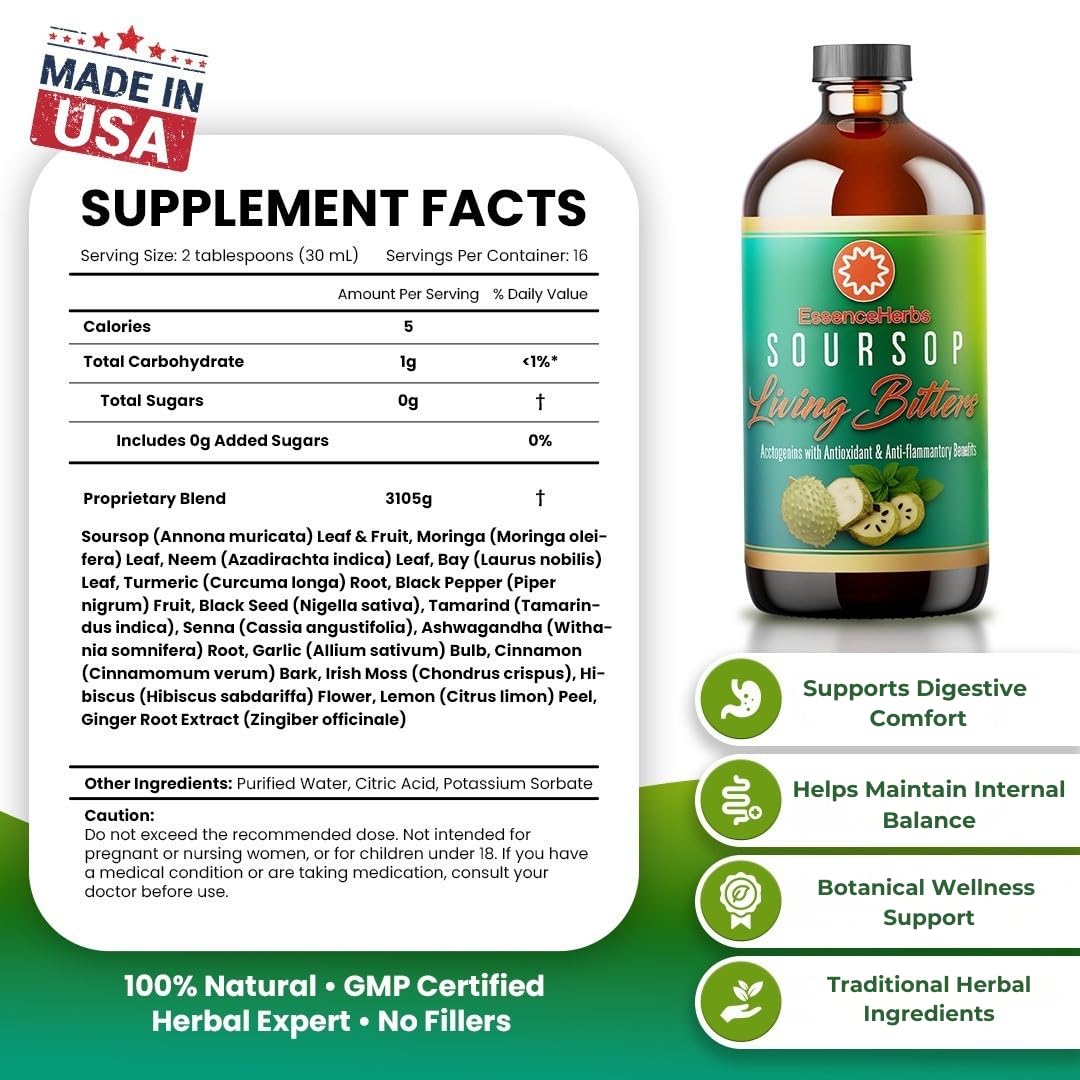 Close-up on Essence Herbs Soursop Bitters ingredients and herbs