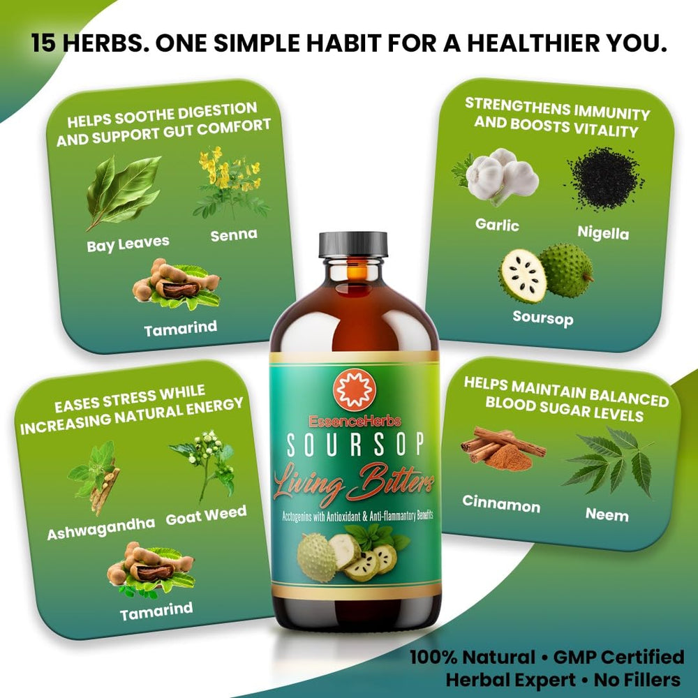 Pouring Essence Herbs Soursop Bitters into a glass for digestion