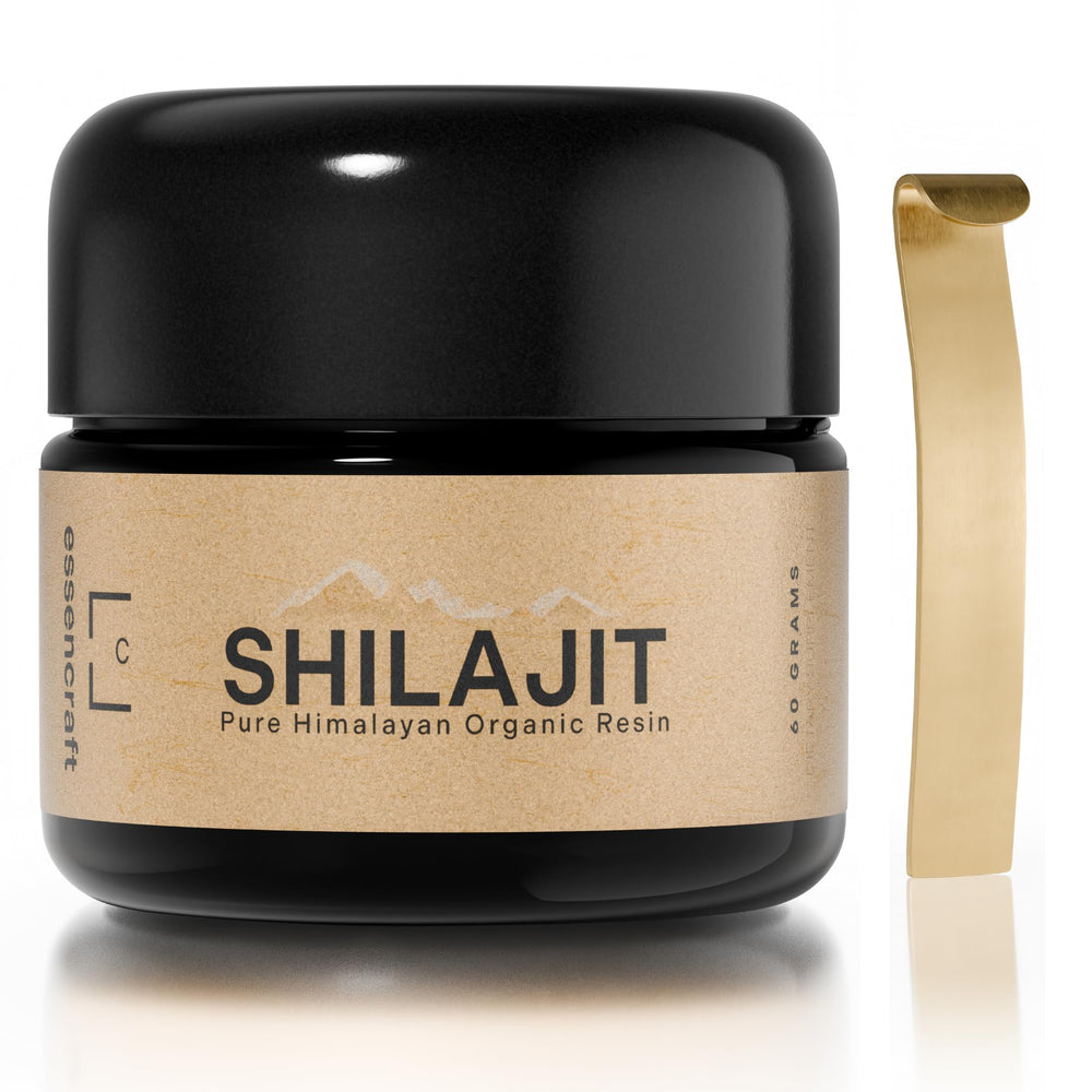 Essencraft Himalayan Shilajit resin jar showing purity from Ladakh for daily energy.
