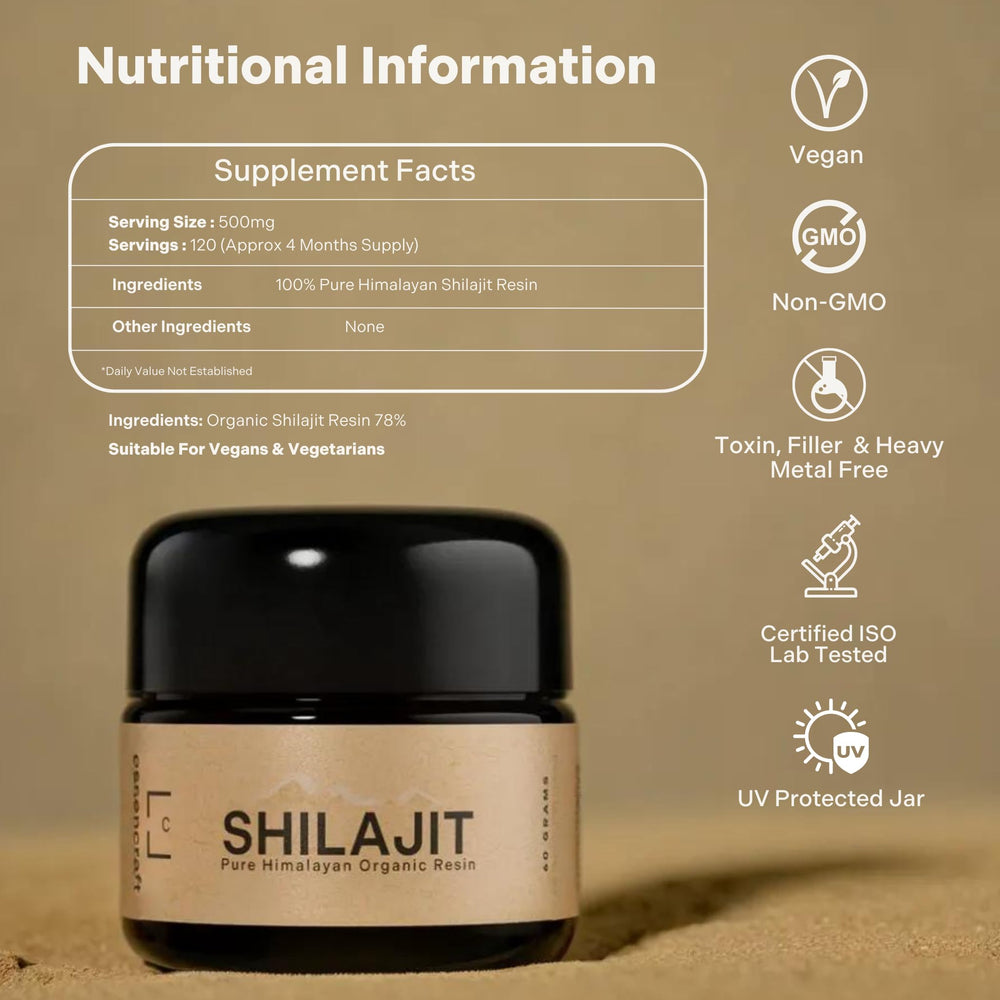 Essencraft Pure Shilajit resin 60g jar emphasizes lab-tested purity and reliability.