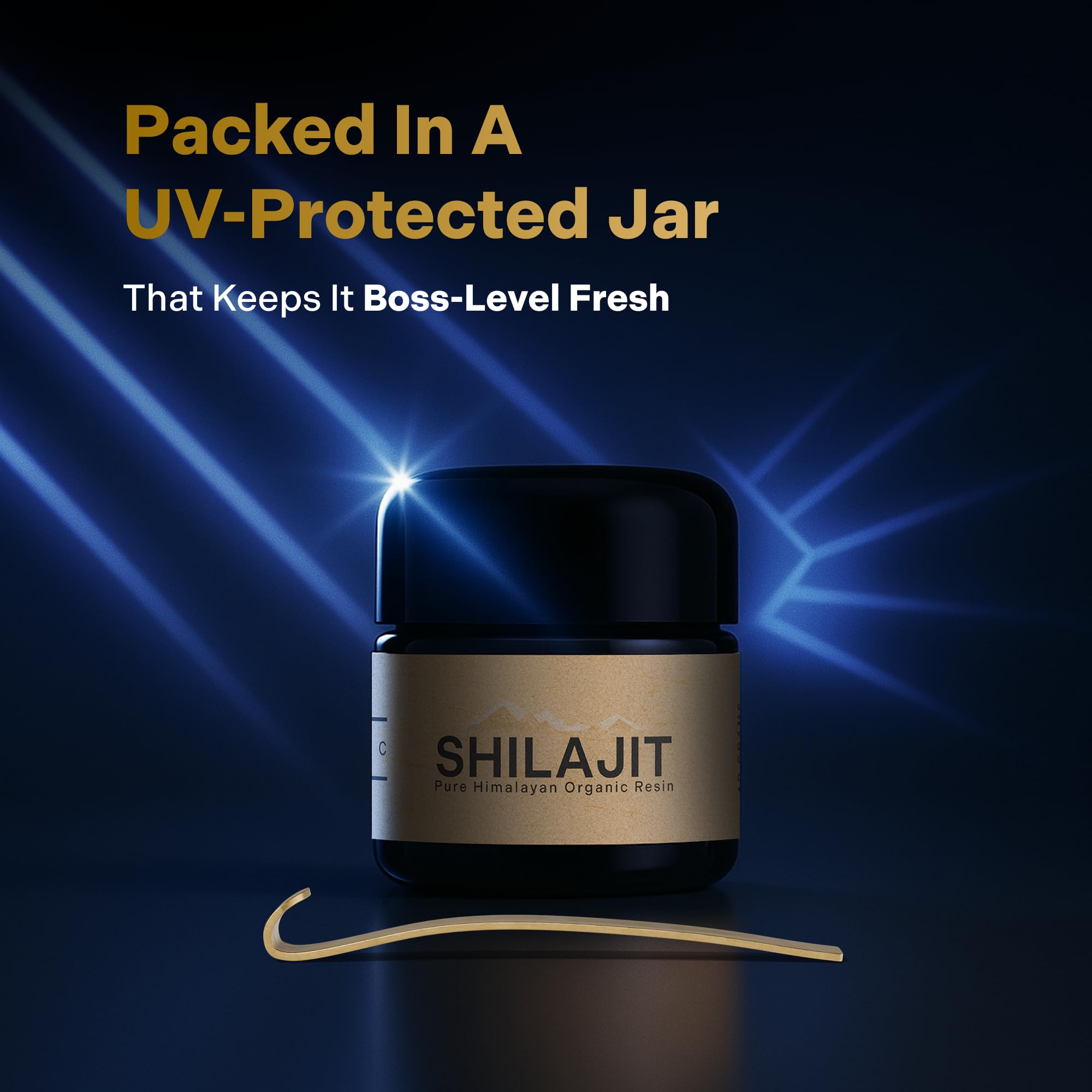 Essencraft Shilajit resin in amber jar reflects natural golden resin.