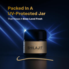 Essencraft Shilajit resin in amber jar reflects natural golden resin.