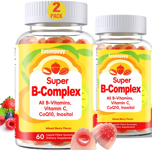 ESSENJOYY methylated B complex gummies bottle front view for daily energy support
