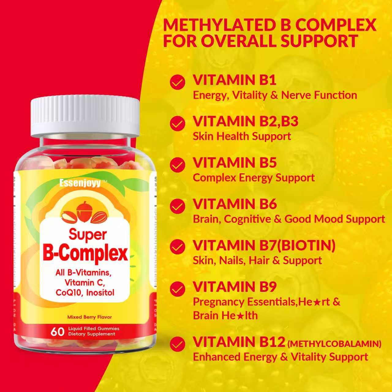ESSENJOYY methylated B complex gummies nutrition panel and serving size
