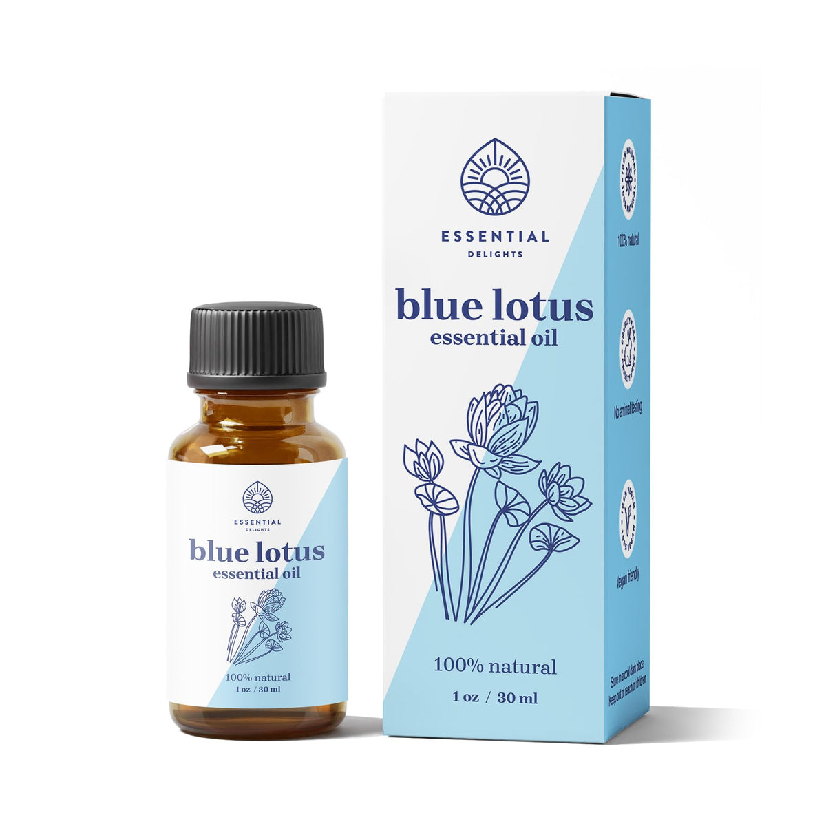 Essential Delights Blue Lotus oil bottle with dropper for mess-free aromatherapy