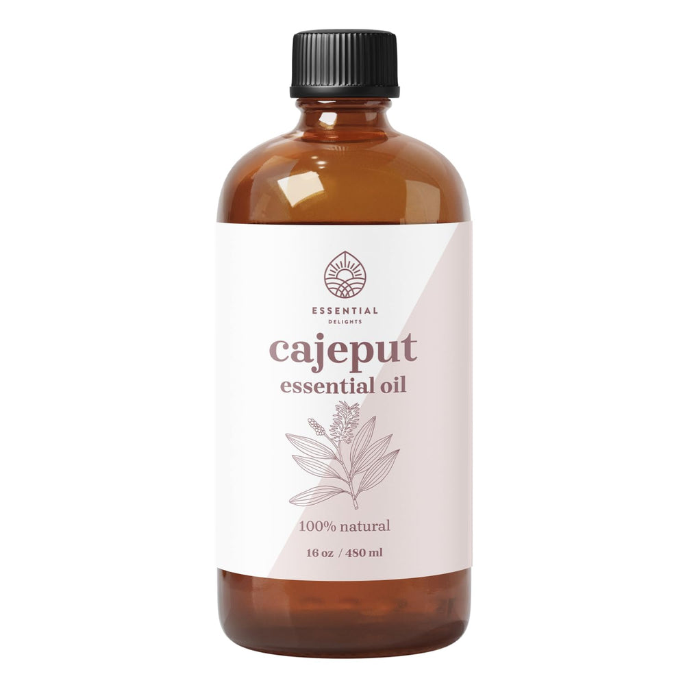 Essential Delights Cajeput oil bottle with crisp aroma for diffusers and refreshing spaces.