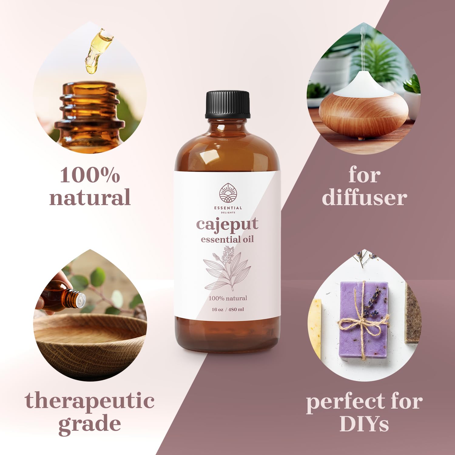Essential Delights Cajeput oil diffuser, crisp fragrance for blends and massage preparations.
