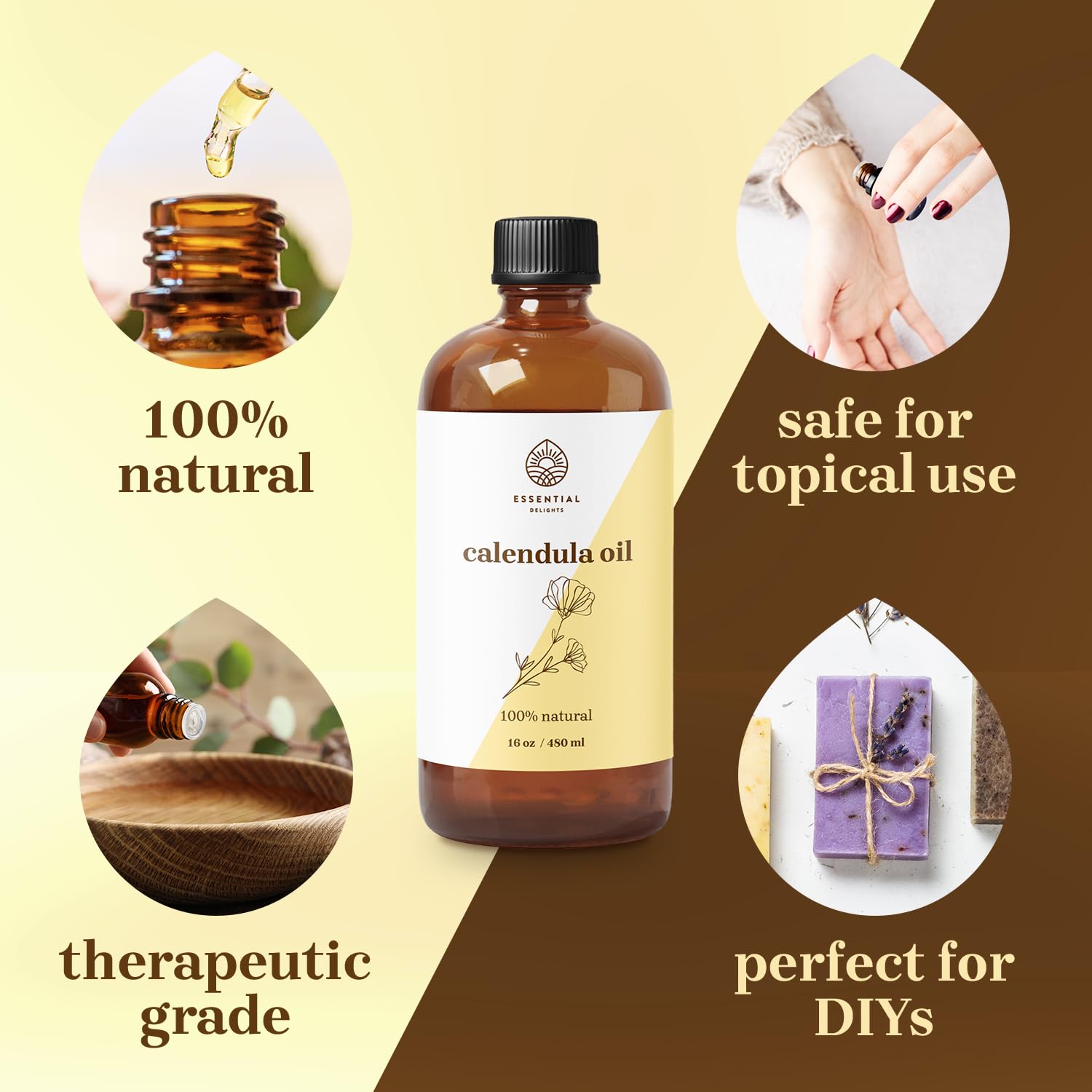 Essential Delights Calendula Oil used for face, body, and hair care.