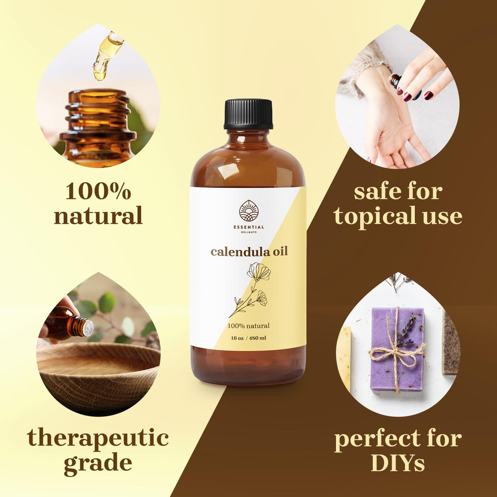 Essential Delights Calendula Oil used for face, body, and hair care.