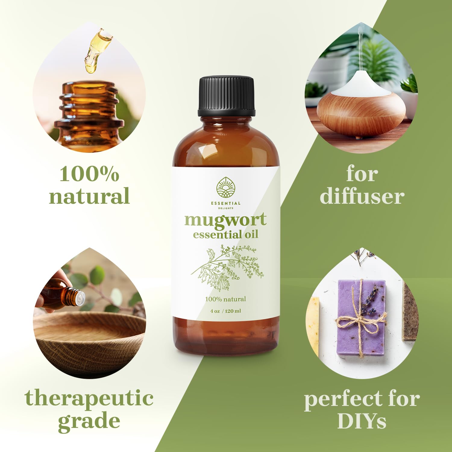 Essential Delights Mugwort Oil label on bottle highlighting vegan cruelty-free quality
