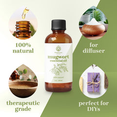 Essential Delights Mugwort Oil label on bottle highlighting vegan cruelty-free quality
