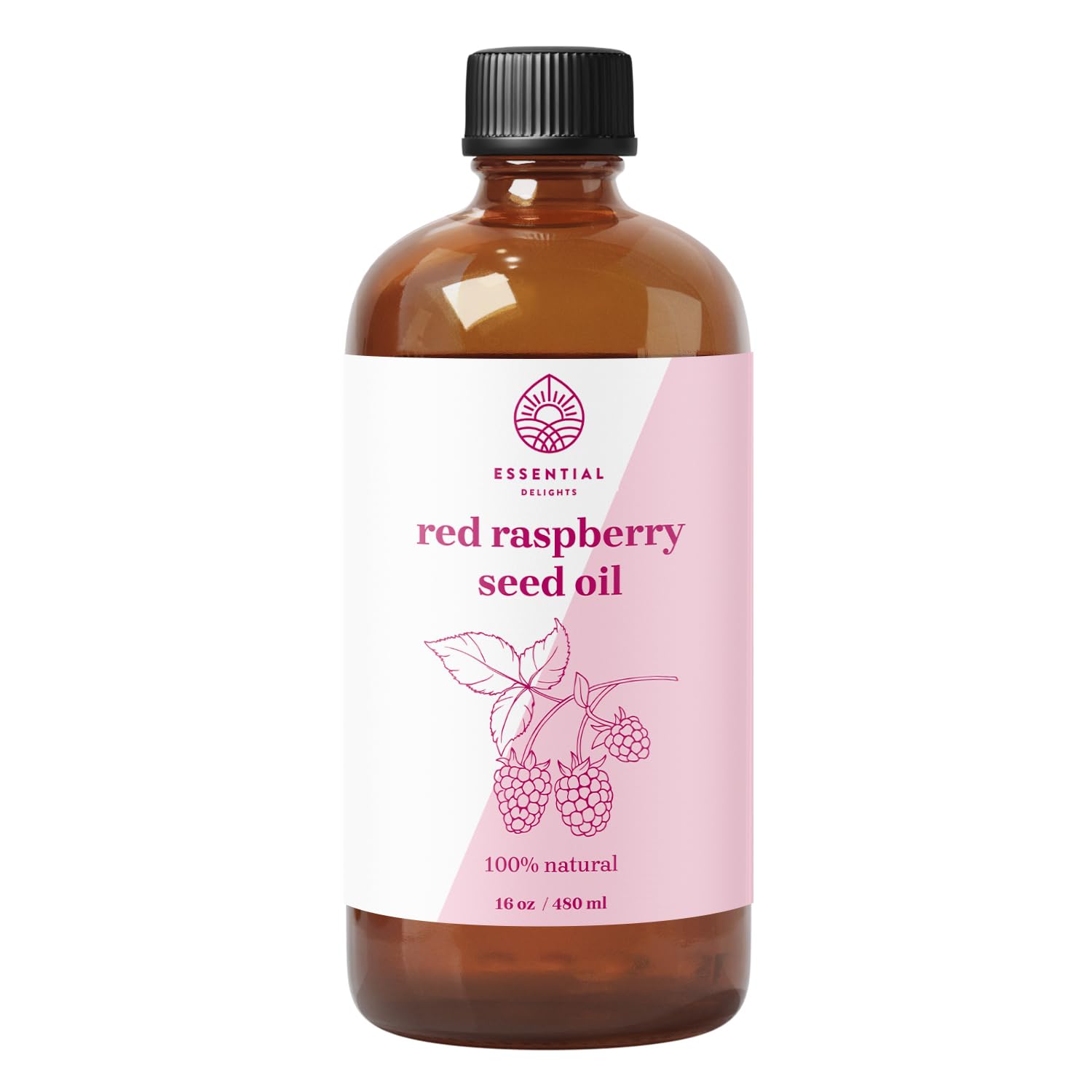 Essential Delights Red Raspberry Seed Oil bottle showcasing vegan, cold-pressed skin care.