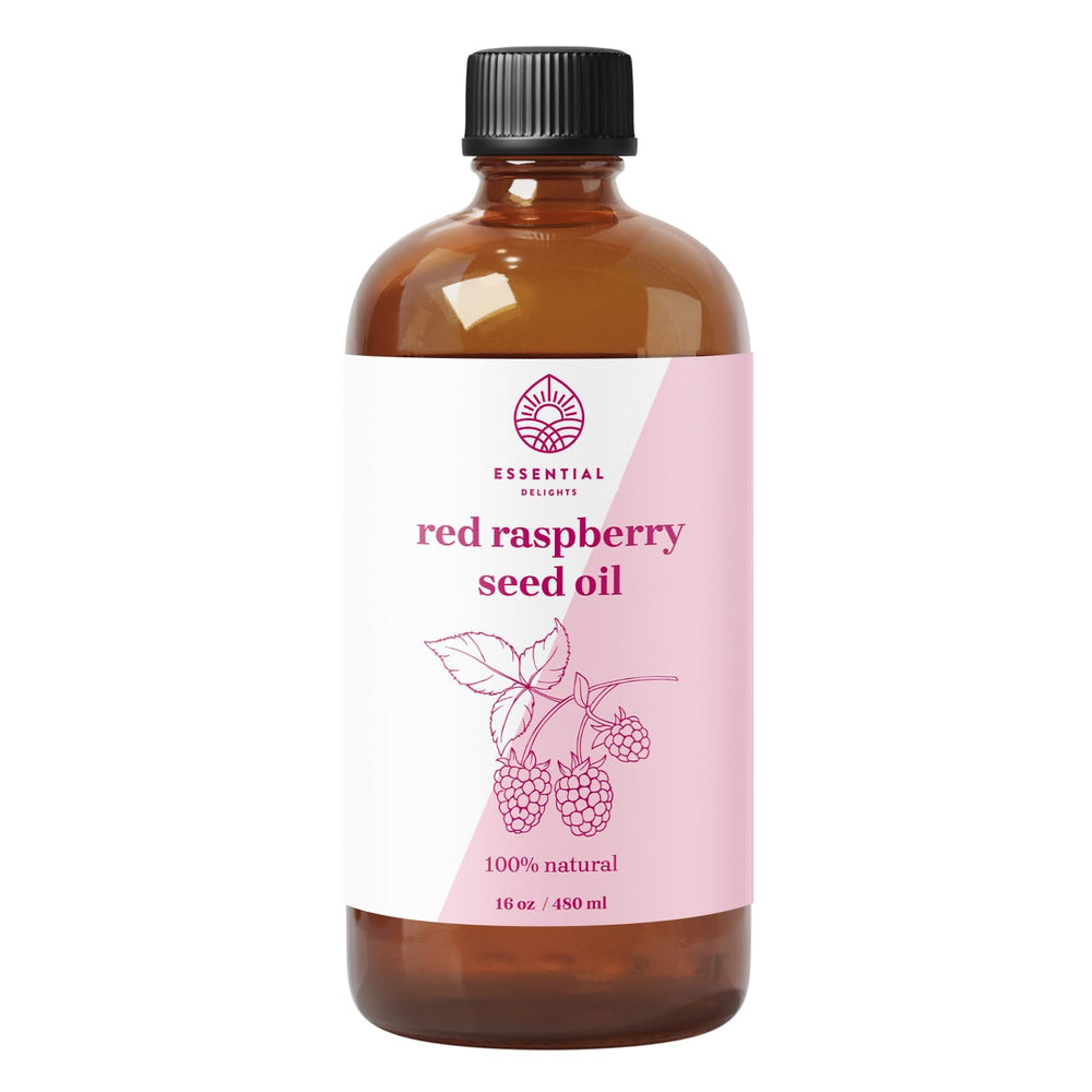 Essential Delights Red Raspberry Seed Oil bottle showcasing vegan, cold-pressed skin care.