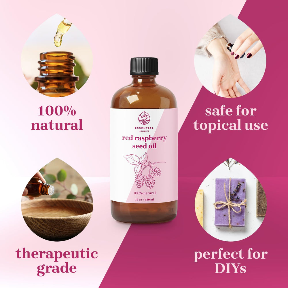 Essential Delights Red Raspberry Seed Oil texture close-up highlights lightweight, nourishing care for sensitive skin.