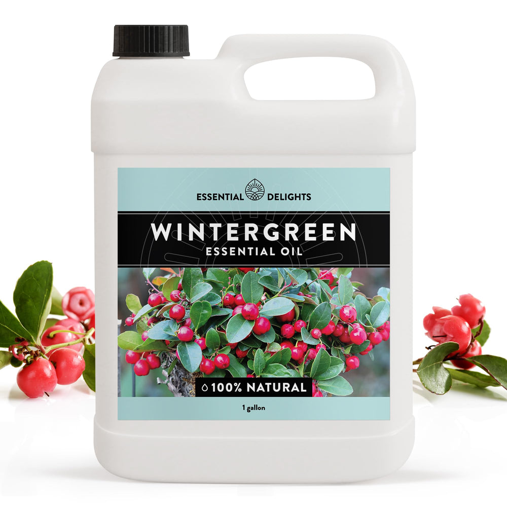 Essential Delights Wintergreen oil close-up, refreshing scent for skincare.