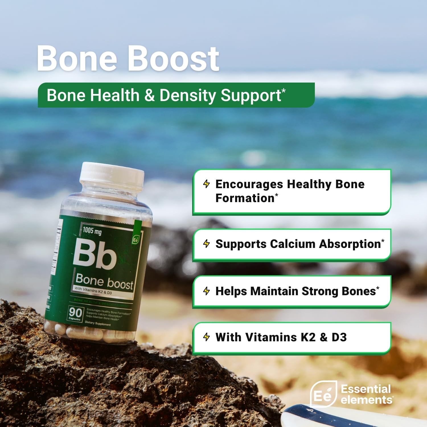 Essential Elements Bone Boost capsules close-up shows a highly absorbable calcium formula.