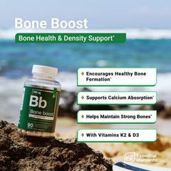 Essential Elements Bone Boost capsules close-up shows a highly absorbable calcium formula.