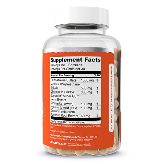 Essential Elements chondroitin capsules closeup highlighting daily joint mobility support.