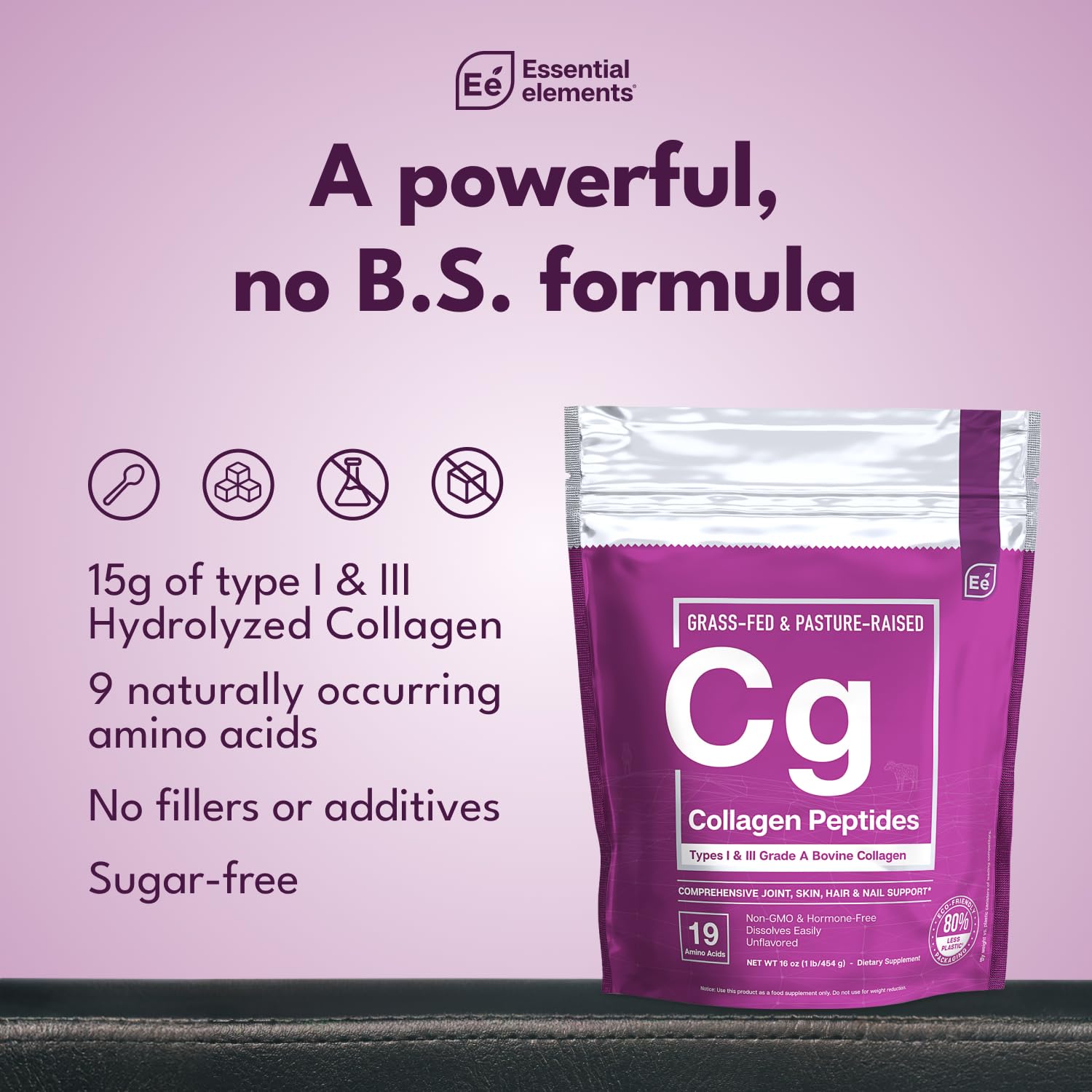 Essential Elements collagen powder dissolving in coffee and water for versatile use.