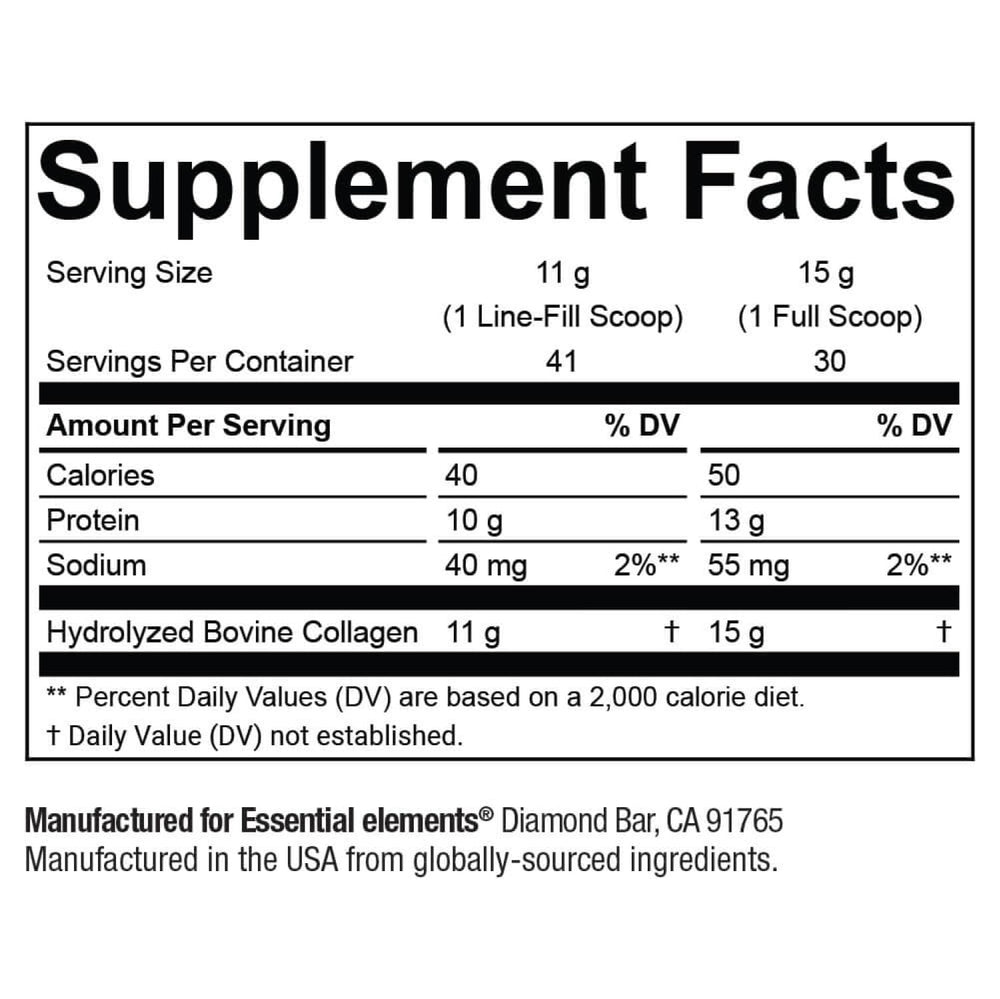 Essential Elements collagen powder made in USA emphasizes quality manufacturing.