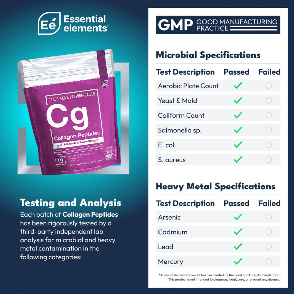 Essential Elements collagen scoop beside powder, convenient addition to drinks and foods.