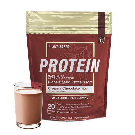 Essential Elements creamy chocolate protein bottle—vegan blend for recovery support.